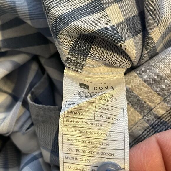 Large Cova Gray-Blue-White Plaid SS Cotton Blend Shirt - Picture 3 of 5
